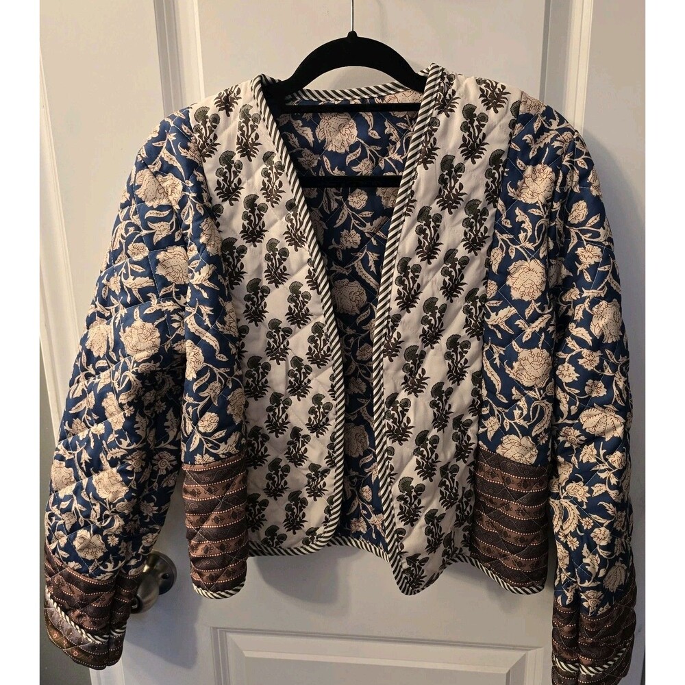 Quilted Cottage Floral Patchwork Open Front Jacket Crop Sz L Grandma Boho Boxy